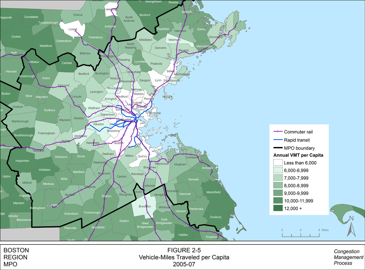 This map cross references vehicle miles traveled (VMT) per capita in relation to transit services by municipality. On this map, there is an overlay that shows the commuter rail and rapid transit network. Each municipality is indicated in a shade of green. A darker shade of green indicates that the VMT per capita is higher and a lighter shade of green indicates that the VMT per capita is lower.